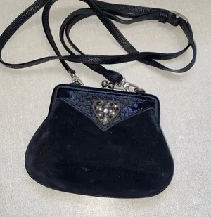 BRIGHTON Mini Purse Bag Rhinestone Heart Black Suede Leather Crossbody thumbnail 1