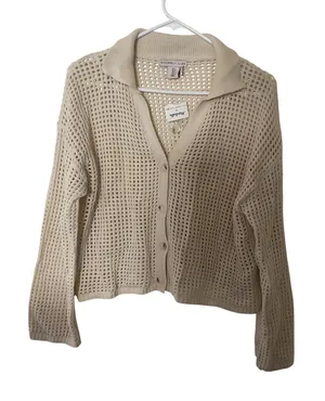 Sincerely Jules Women’s Small Cream Open Knit Crochet Cardigan Button Front NWT thumbnail 1