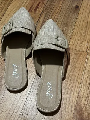 YNOT? Beige Woven Pointed Toe Mule Flats Size 8 | Buckle Accent Slip-On thumbnail 3