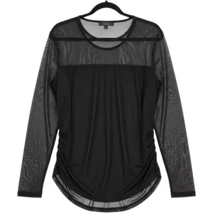 DKNY Mesh Layered Grunge Top Sheer Long Sleeve Black Ruched‎ Bodice Top Large thumbnail 2