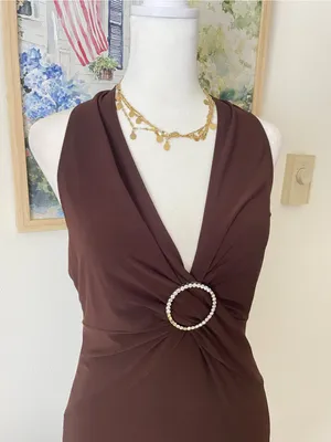 B. Smart Y2K Rhinestone Circle O-Ring Slinky Halter Midi Dress Chocolate Brown thumbnail 3