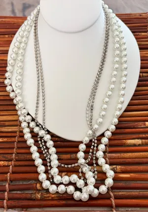 White House Black Market Multi-Strand White Pearl and Silver Chain Necklace 50” thumbnail 1