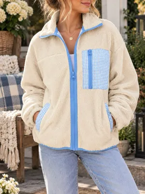 Sandy Liang Cream Sherpa Fleece Gingham Zip Jacket M thumbnail 1