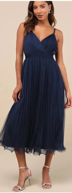 Exemplary Aura Navy Tulle Surplice Midi Dress thumbnail 1