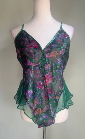 VTG Victorias Secret Gold Label Green Floral‎ Chiffon Bodysuit Medium 90s whimsi thumbnail 1