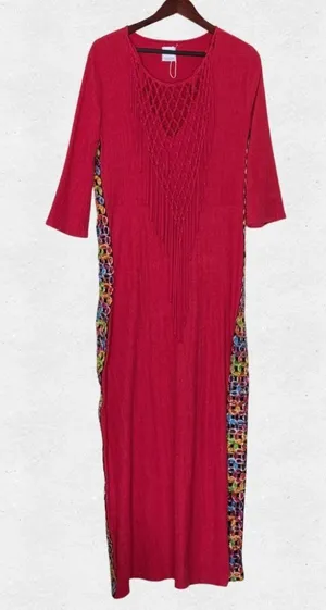 Zara Red Crochet Neck Knotted Macrame Gauzy Maxi Dress Medium 3/4 Sleeves thumbnail 1