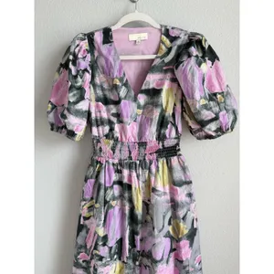 PINCH Watercolor Abstract Floral Midi Dress Smocked Puff Sleeve V-Neck Pink Sz M thumbnail 5