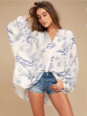Free People Metallic Blooms Blush Peacock Print Boho Hippie Button Up Top thumbnail 1