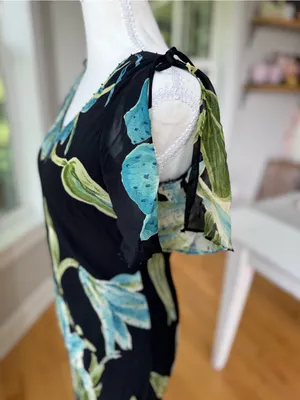 Vintage 90’s Dressbarn Black Blue Floral Beaded V Neck Bias Cut Slip Dress Sz M thumbnail 5
