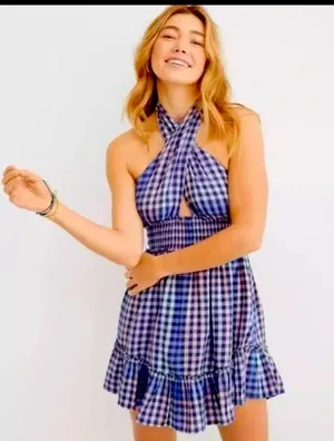 Aerie spring fling plaid blue criss cross dress classic fall casual classic boho thumbnail 1