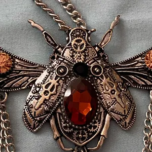 22” Necklace Silver Tone Beetle Pendant 4.5”W Stones Steampunk Goth Gothic thumbnail 2