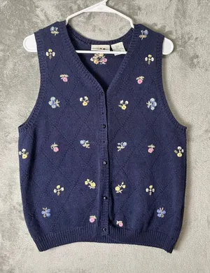 Vintage Navy Floral Embroidered Sweater Vest Cottagecore Cozy Chic Grandmacore S thumbnail 1