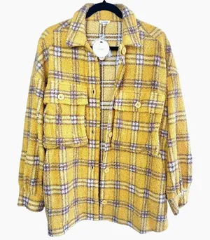 En Crème Women's‎ Small Sherpa Shacket Jacket Plaid Oversized Mustard Streetwear thumbnail 1