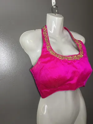 Handmade Halter Blouse Womens Med Pink Embroidered Sequin Padded Cropped Party Top thumbnail 2