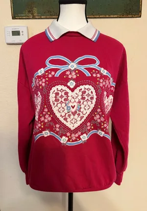 Vintage Land’n Sea Collared Hearts Hot Pink Medium Sweatshirt Bow Floral Print thumbnail 1