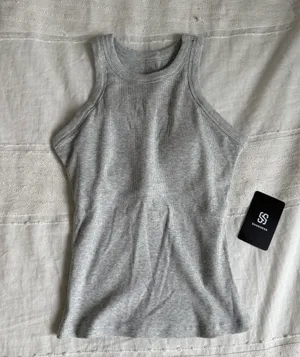 SUUKSESS Amazon padded cotton rib high neck light grey tank thumbnail 1