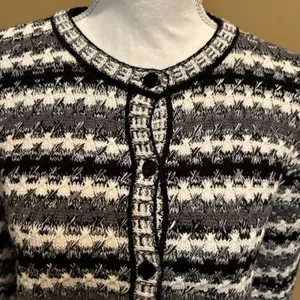Talbots Cardigan Sweater Medium‎ Black White Gray Textured Knit Button Front thumbnail 3