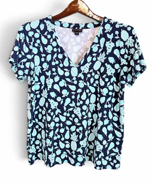 J.Jill V neck tropical fruit print monochromatic Tshirt, aqua and navy blue, M thumbnail 1