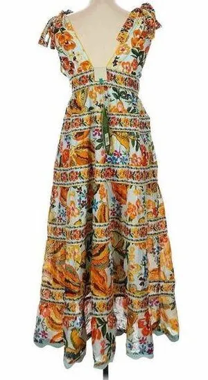 Farm Rio Blue Spring Bananas Midi Dress Size Large Tropical Vacation Casual thumbnail 2