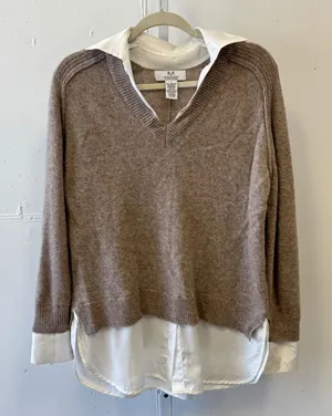 Magaschoni 100% Cashmere Layered Look‎ V-Neck Sweater Taupe White Trim Large thumbnail 1