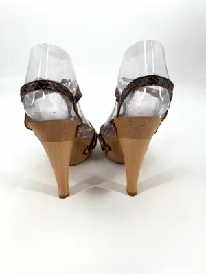 Betsey Johnson VTG platform wooden brown textured faux-snakeskin sandal heel thumbnail 4