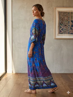 Flying Tomato V Neck Boho Aztec Festival Bold Whimsical Maxi Dress Size Medium. thumbnail 2