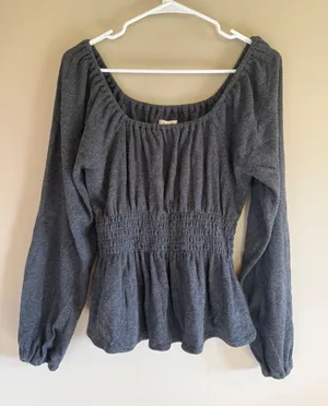 Madewell Gray Smocked Peplum Top Long Sleeve Square Neck Knit Blouse Medium thumbnail 1