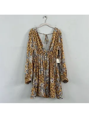 NWT Free People Soli Golden Hour‎ Combo Yellow V-Neck Long Sleeve Mini Dress thumbnail 3