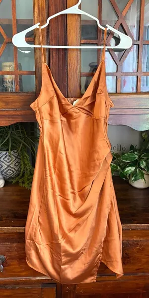 Altar'd State Ulissa Satin Ruched Faux‎ Wrap Mini Dress Cinnamon Medium NEW thumbnail 1