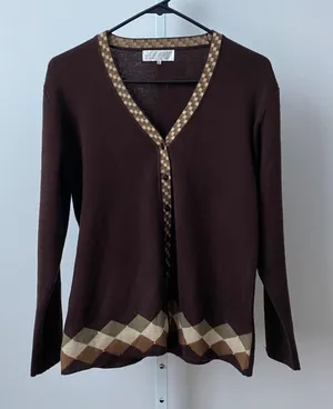 Da Qiu Wool Academia Dark Academia Argyle V-Neck Knit Cardigan L Brown thumbnail 1