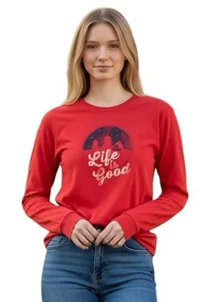 Life is Good Women’s Red Long Sleeve Old Fashioned Holiday Xmas Tree Shirt S thumbnail 1