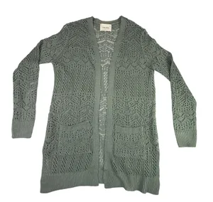 Pink Rose Sage Green Open Knit Longline Cardigan Duster with Pockets thumbnail 1
