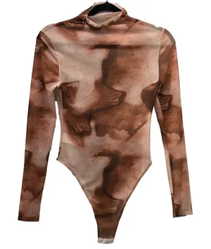 SheIn Sheer Body Suit Small Abstract Print Brown Travel‎ Vacation Layering Maximalist thumbnail 1