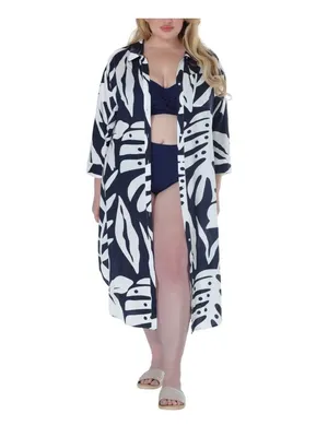 NWT Raviya Printed Button-Down Cover Up Dress 76731XPT Navy / White Multi 1X thumbnail 4