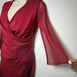 Donna Ricco Women Babydoll Dress Red Sheer Ruched Midi Burgundy Draped Flare thumbnail 5