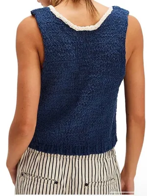 Free People XS Sicily Sweater Shell Navy Nautical Beach Coastal Knit Relaxed thumbnail 4