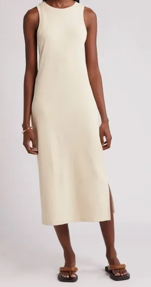 Nordstrom Stretch Pima Cotton Rib Knit Sleeveless Midi Dress Burnt Beige L thumbnail 1