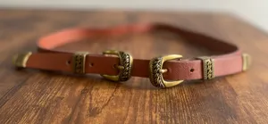 Women's Double Buckle Brown Leather Waist Belt with Brass Accents thumbnail 1