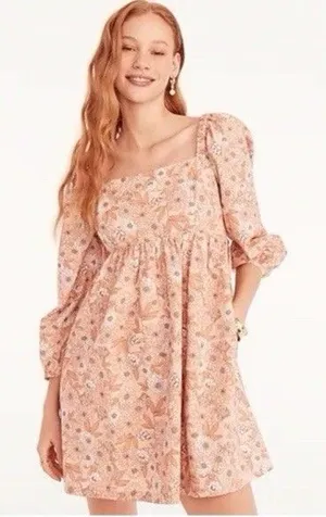 J.CREW Floral Square Neck Puff Long Sleeve Smocked Mini Dress 100% Cotton L thumbnail 1