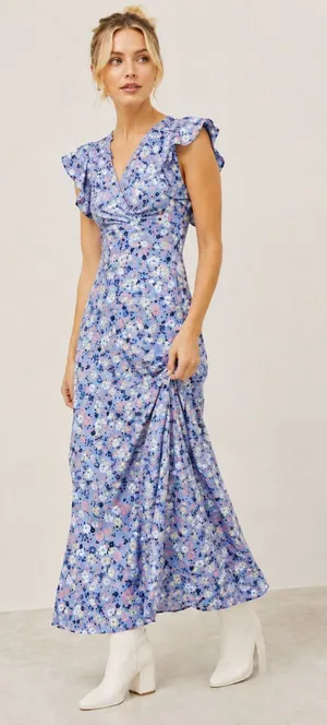 NWT Altar'd State Blue Floral Dress Silky Feel Flutter Sleeves Medium Romantic‎ thumbnail 1