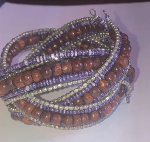 Wooden Beaded Brown & Purple Boho Wrap Cuff Bracelet thumbnail 5