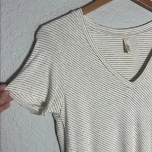Elan Cream Striped V Neck Short Sleeve Tee Double Layer Soft Asymmetrical Top thumbnail 3