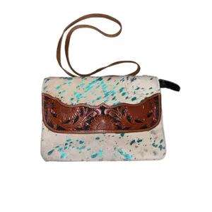 Myra Bag Turquoise-Speckled Cowhide Crossbody with Tooled Leather Trim thumbnail 11