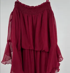 City Triangles burgundy sheer Maxi Dress S flowy bell sleeves boho off shoulder thumbnail 4