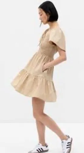 Gap Women Smocked Mini Dress Tan‎ Khaki Puff Sleeve Tiered Cotton L NEW thumbnail 1