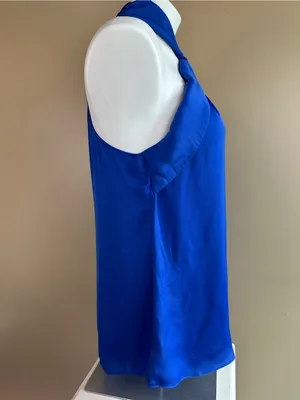 Naked Zebra Royal Blue Satin Halter Top Medium Tie Neck Keyhole Blouse Silky thumbnail 6