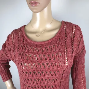 Red/Orange Crochet Knit Sweater Women's Open Weave Boat Neck 3/4 Sleeve‎ thumbnail 2