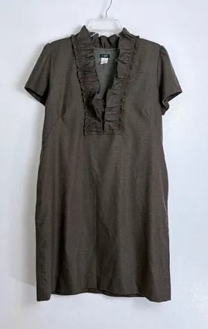 J.Crew Olive Brown Wool Ruffle V-Neck Shift Dress 14 Dark Academia Office thumbnail 1