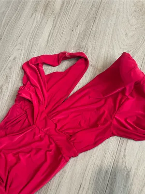 Red Long one Sleeve Ruched V-Neck Maxi Dress thumbnail 2
