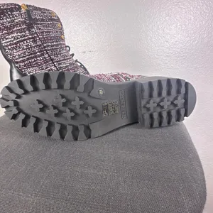 Tory Burch Miller Tweed Combat‎ Boots Purple White Leather Lug Sole 8M thumbnail 4